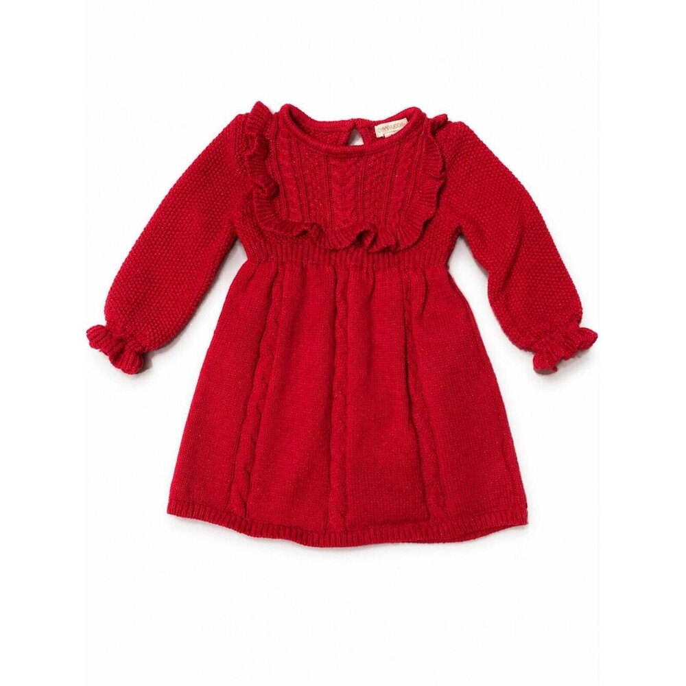 Cynthia Rowley Baby Red Cable Knit Sweater Dress 3-6 Months Metallic Ruffle